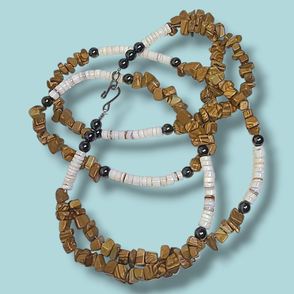 2-Strand‎ Tiger's Eye Chip Necklace w/ Heishi Shell Beads Vintage Boho 22"